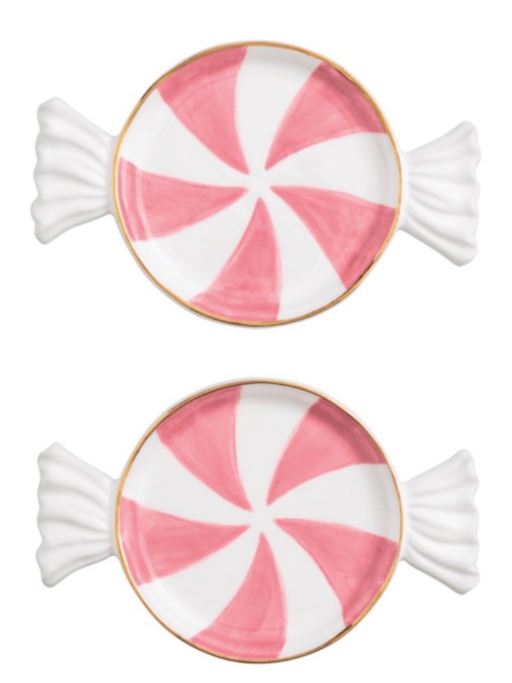 Mud Pie Pink & White Candy Swirl Ceramic Serving Plates with Gold Rim set/2